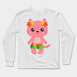 Hawaii Cat, Cute Cat, Pink Cat, Flowers, Luau Long Sleeve T-Shirt